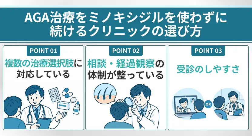 AGA治療をミノキシジルを使わずに続けるクリニックの選び方